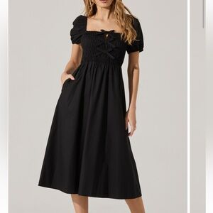 Astr Bow Smocked Cotton Midi Dress